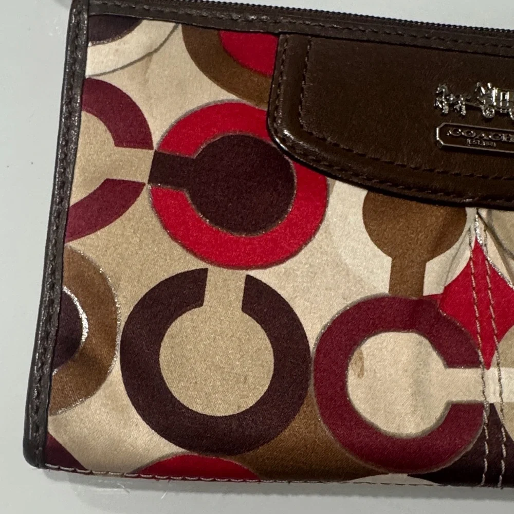 Coach Brown Multi Circle-Print Wristlet with Red Accents